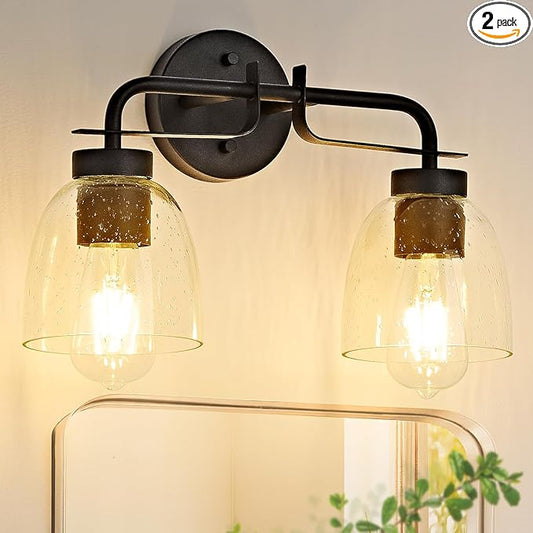 16 Inch Vanity Lights, 2-Light Black Modern Industrial Bathroom Light Fixtures with Bubble Glass Shade, Wall Sconce for Bathroom Mirror, Bedroom, Hallway (2 Pack)