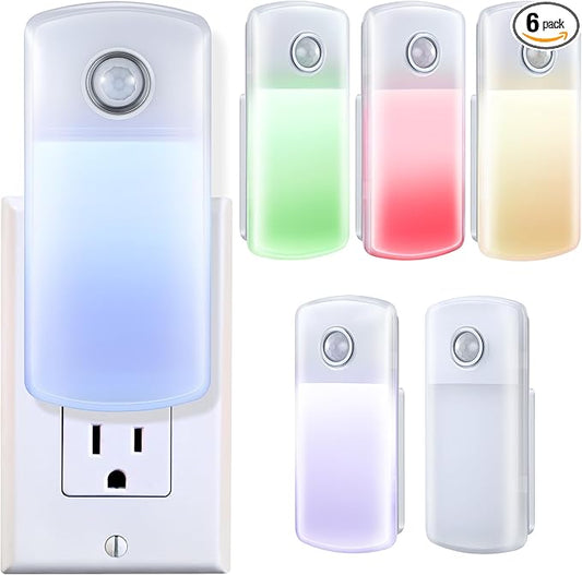 Enhon Emergency Power Failure Night Lights, 5-in-1 Multi Color LED Light, Rechargeable Flashlight with Foldable Plug, Automatic On Off Motion Sensor for Bedrooms, Hallways, Black Outs (6 Pack)