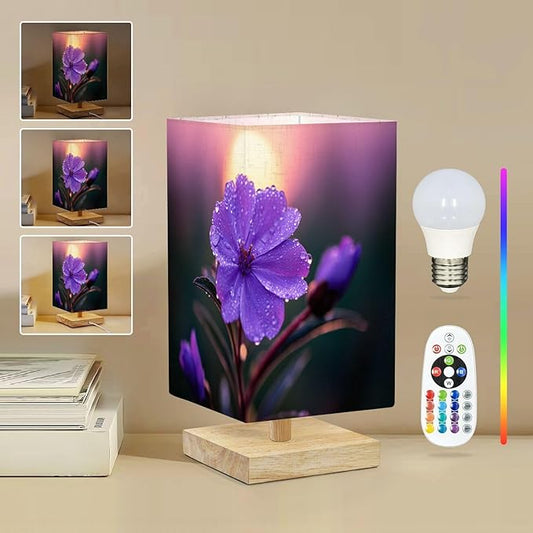 Square Table Lamp for Bedroom Purple Flower Water Droplets Sunset Beside Lamps Desk lamp with Wood Base Nightstand Lamps for Nursery Living Room Home Decor