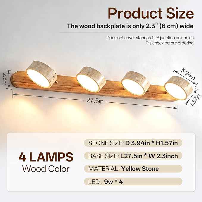 Travertine Vanity Light, 300° Swivel Japandi Ash Wood LED Wall Sconce, Natural Stone Mirror Lighting Fixtures, 27.6" 4-Light Modern Rustic Wall Lamp for Bathroom & Bedroom (110V)