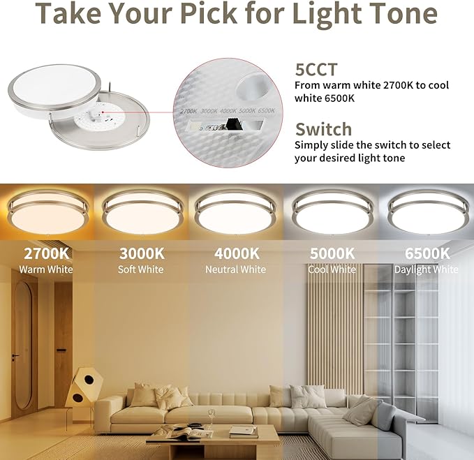 13Inch 36W Ceiling Light Fixture, 5CCT Flush Mount Ceiling Mount Light 2700K 3000K 4000K 5000K 6500K Adjustable, Dimmable Close to Ceiling Light, LED Ceiling Light for Bathroom Kitchen Bedroom, Nickel - Aura Lighting