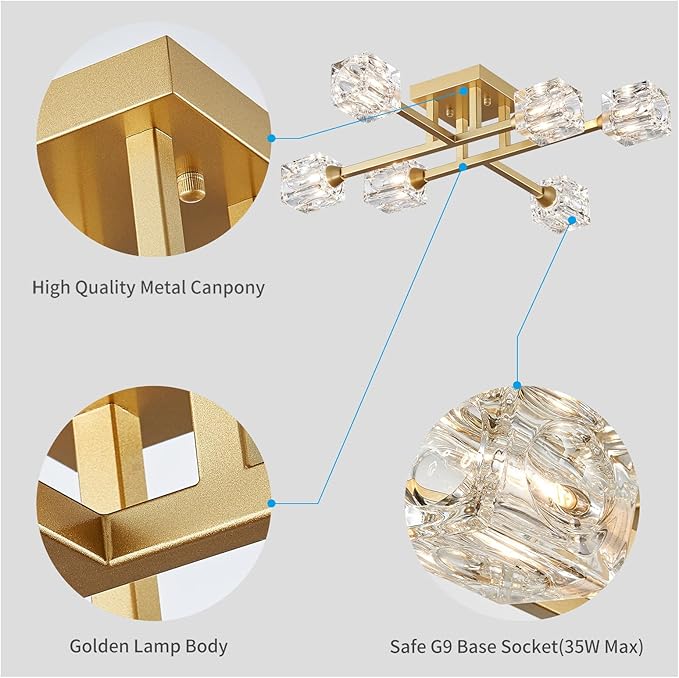 XINGQI Modern Ceiling Light Sputnik 6-Light Semi Flush Mount Ceiling Light Fixtures, Mid Century Antique Gold Chandeliers for Bedroom Dining Room Powder Room - Aura Lighting