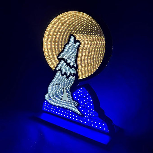 Wolf Infinity Mirror Night Light - LED Wolf Nightlight for Kids - USB-Powered with Dimmer Switch - 3D LED Infinity Light - Bedroom Decor for Boys, Girls & Teens - 10" x 14"
