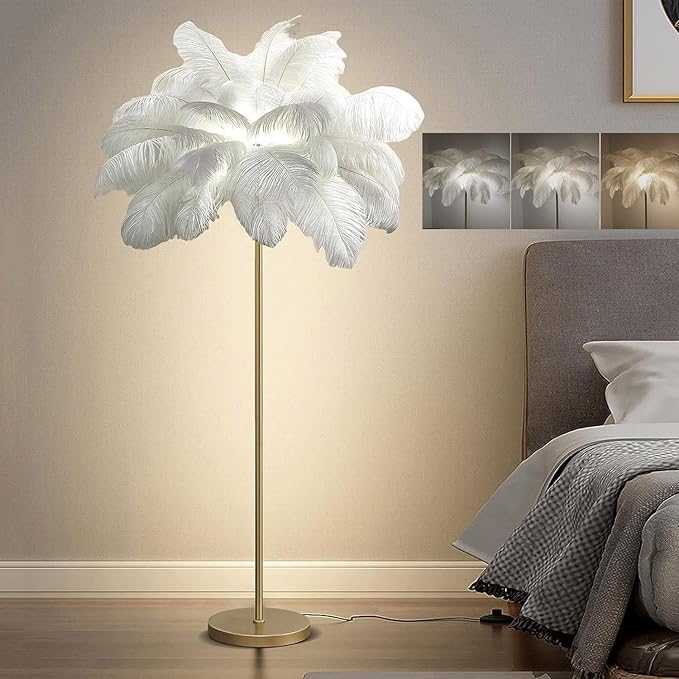 Ostrich Feather Floor Lamps, 3 Colors LED Bulb, Bedroom & Living Room Decorative Lamp (62.99 Inch High)