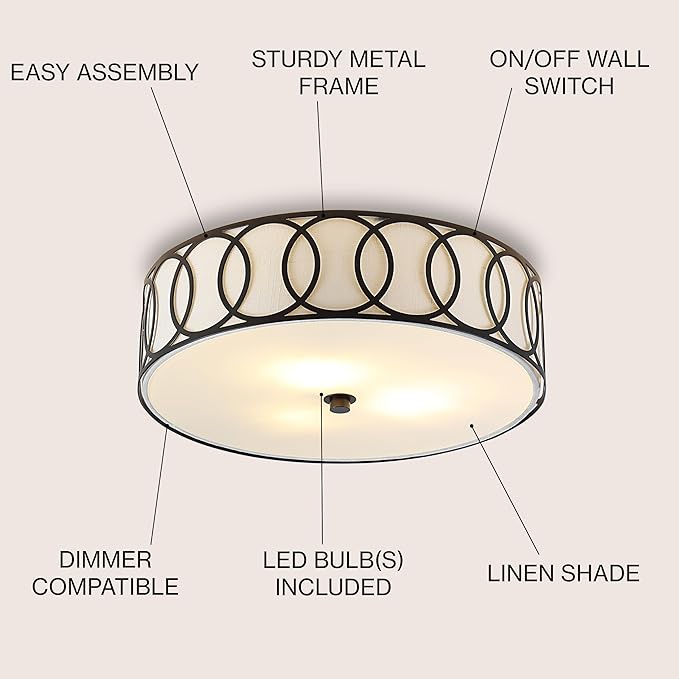 JONATHAN Y 12.25" Oil Rubbed Bronze Modern Metal LED Flush Mount Ceiling Light for Bedroom Hallway, White Linen Drum Shade with Geometric Fretwork, LED Bulbs Included (JYL3503C)