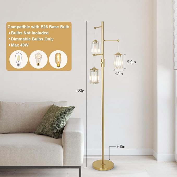 Gold Crystal Floor Lamps for Living Room, Dimmable 3 Lights Modern Standing Lamp with Crystal Shade, Dimmer Switch, 65" Industrial Tall Tree Lamp, Vintage Brass Corner Lamp for Bedroom