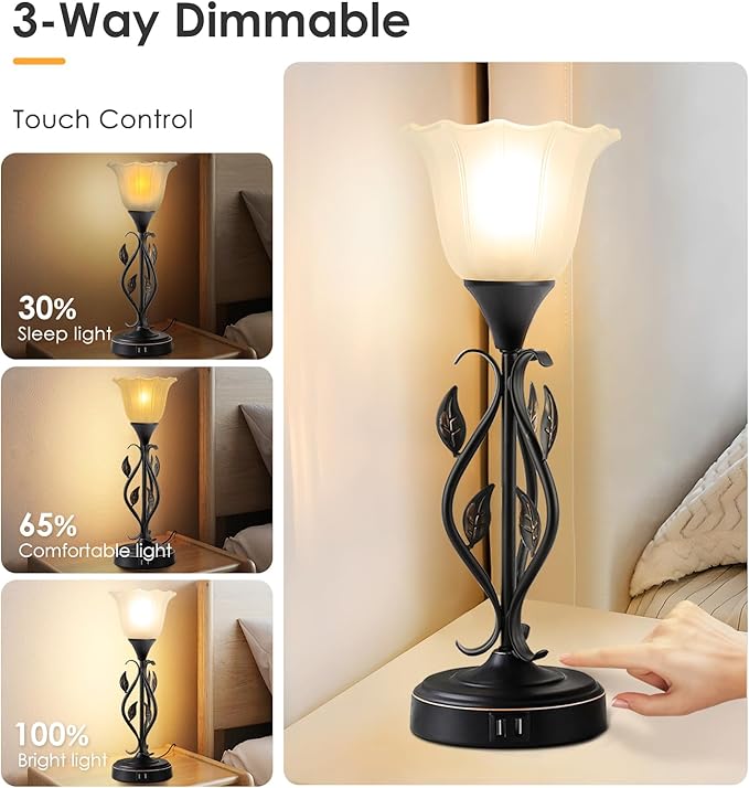 Touch Table Lamps for Bedroom Set of 2, Bedside Lamps with USB Ports, 3-Way Dimmable Decorative Nightstand Lamp Rustic Leaf Torchiere Glass Flower Lamp for Living Room Dresser (Bulbs Included)