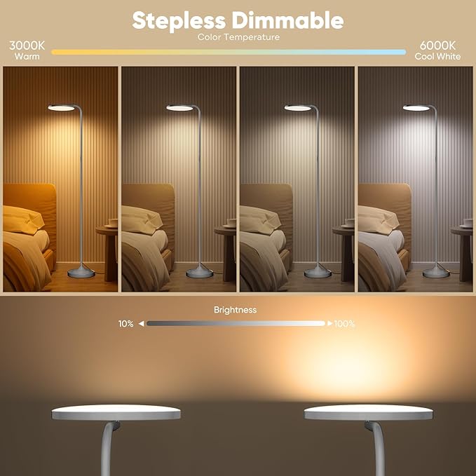 36W LED Floor Lamp, Super Bright Standing Lamp, Modern Stepless Dimmable Torchiere Tall Lamp with Remote Control, 350°Rotating Head Reading Floor Lamp for Living Room, Bedroom - Silvery Grey - Aura Lighting