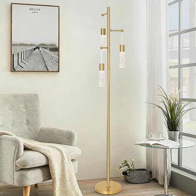 Gold Floor Lamps for Living Room, Modern Brass Standing Lamp with Bubble Crystal Shades, 3 Built-in LED Lights, ON/Off Foot Switch, Industrial Tall Tree Lamp for Bedroom Corner Home Office