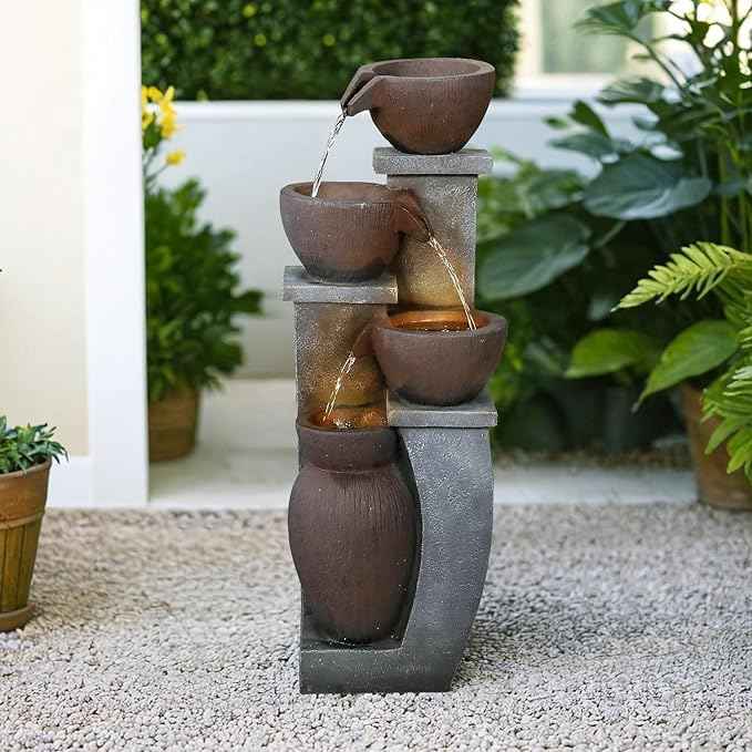 SunJet 4-Tier Outdoor Water Fountain Resin Waterfall Fountains Decor with LED Lighting Natural Polyresin Looking Stone Decor for Garden Patio Fold Court Yard Deck 11.4" L x 11.8" W x 32.8" H