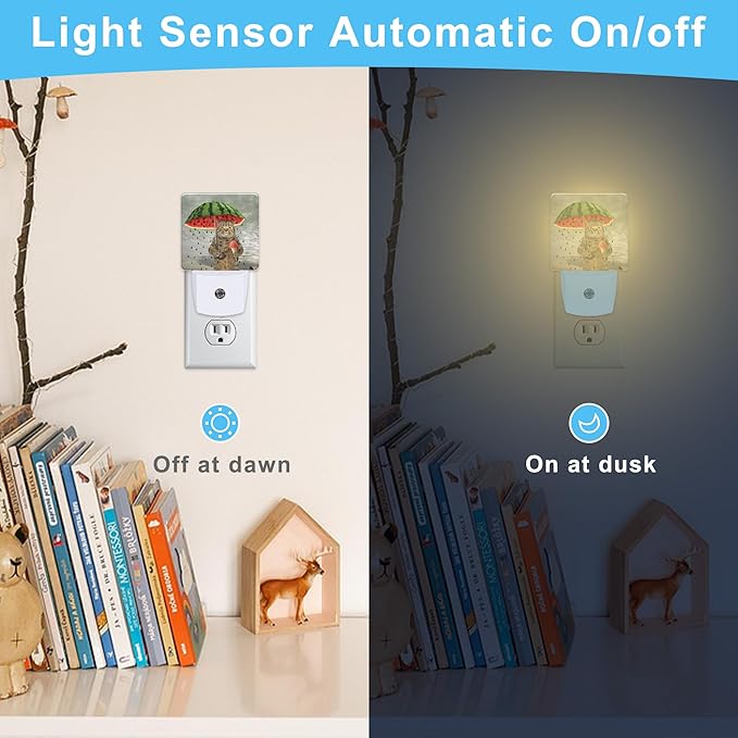 Cute Cat Holding Umbrella Plug in Night Light with Auto Dusk to Dawn Sensor,Warm Night Lights for Boys Girls Bedroom Bathroom Hallway Kids Room Gifts