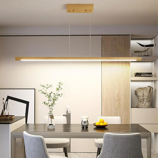 Modern Wooden Pendant Light, 39IN White Ash Wood Chandelier with Remote Control 3000k-6500K Adjustable Color Temperature，Aluminum Island Lighting Lamp for Dining Room, Living Room B