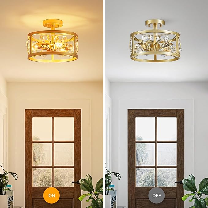 WUZUPS Crystal Leaf Chandelier 3-Light Vintage Farmhouse Industrial Semi-Flush Mount Ceiling Light Modern Lighting Fixture for Foyer Bedroom Hallway Storage Room Kitchen Bathroom, H 8.5" W 12", Gold