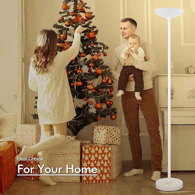 30W Torchiere Floor Lamp - 3600LM Super Bright LED Floor Lamp, 71 Inch Stepless Dimmable Standing Lamp with 3000K Lighting, Rotary Switch, Tall Metal Torch Floor lamps for Living Room/Bedroom (White) - Aura Lighting