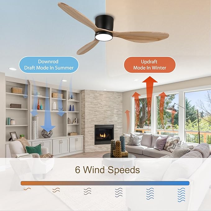 reiga 52" Natural Wood Ceiling Fan with Light and Remote, 3 Blade Flush Mount Low Profile Ceiling Fan for Bedrooom Living Room, Quiet DC Motor - Aura Lighting