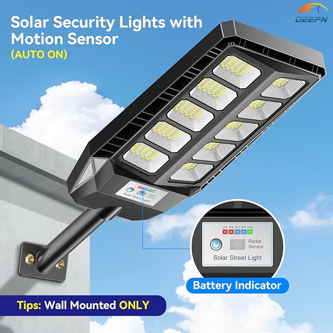 Deepn Solar Lights Outdoor, IP66 Waterproof Street Lights Outdoor, 6500K Dusk to Dawn Solar Security Flood Lights Motion Sensor with Remote Control for Yard, Entryway Garage, Porch, 3 Pack