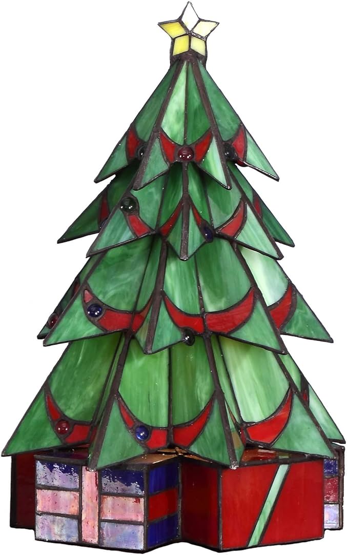 Bieye L10678 Pine Christmas Tree Tiffany Style Stained Glass Accent Table Lamp Night Light, Green, 11" W x 16" H
