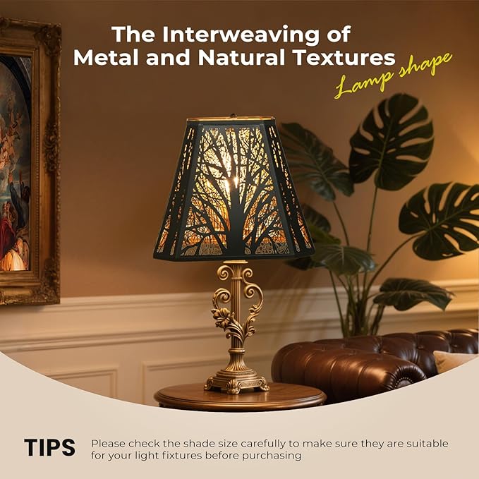 Metal Forests Lamp Shade,vintage Crafted rectangle lamp shade,decorative lamp shades,replacement buffet lamp shade,6.5" x 12"x 10" Inch lampshades for table lamp and floor lamps (Antique Black&Gold)