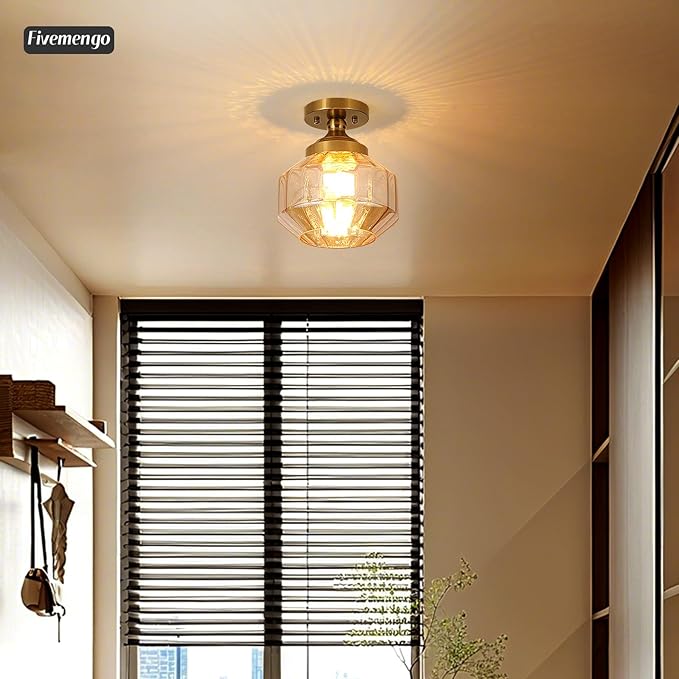 9in Semi Flush Mount Ceiling Light Fixture, Small Vintage Striated Glass Kitchen Lighting Fixtures Ceiling Mount for Entryway Hallway Bedroom Dining Room Bathroom Foyer Laundry (Amber)