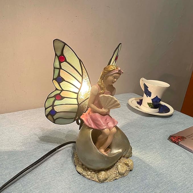 Bieye L10881 Butterfly Girl Sitting on Sea Snail Shell Tiffany Style Stained Glass Accent Table Lamp Night Light for Home Decoration
