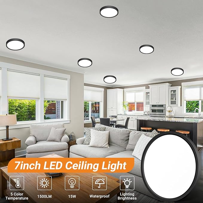 slochi 8Pack LED Flush Mount Ceiling Light Fixture, 7 Inch 15W, 1500LM, Super Slim 0.7 Inch, 3000K-6500K Adjustable Low Profile LED Ceiling Lights for Bathroom, Closet, Hallway(Black)