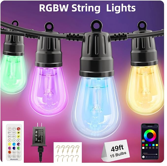 String Lights for Outside,49FT Outdoor String RGB Patio Lights with Waterproof 15 Bulbs,String Lights Patio with App & Remote, Color Changing String Light for Garden Yard Porch Party Decor