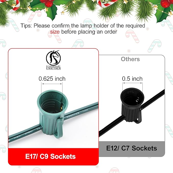 Ultimate Unicorn 500 FT C9 Light Socket Set Spool, Christmas Stringer Bulk Reel 12" Spacing, C9 Light Strand Green Wire, Christmas Stringer with E17 Sockets (10 Pairs of Plugs Included)