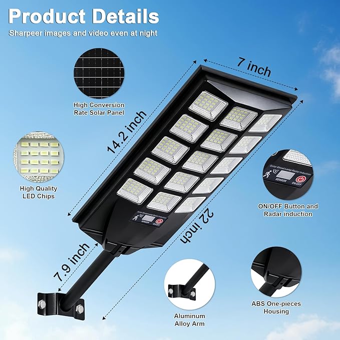 Jercoda Solar Street Lights Outdoor 2 Pack, 6500K 50000LM LED Flood Lights Motion Sensor Dusk to Dawn Security Lights with Remote Control, Waterproof Solar Powered Lighting for Garden Yard Parking Lot