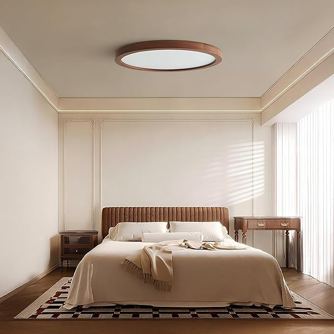 Ultra-Thin LED Ceiling Light Fixture 20.47", Handcrafted Walnut Wood Modern Wabi-Sabi Style, Slim 2.5cm Profile, 37W LED 3000K-4000K-6000K, Round Minimalist Lamp for Bedroom Kitchen Hallway