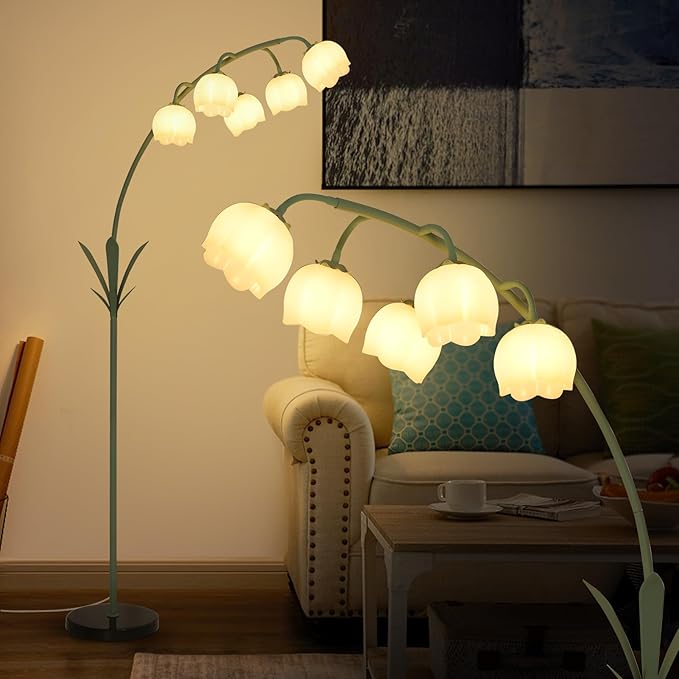 HMVPL Arc Floor Lamp for Living Room, Flower Floor Lamp with 5 G9 LED Bulbs, Foot Switch, Green Floral Standing Lamp with Acrylic Shade, Curved Tall Lamp for Living Room Bedroom Corner Kids Reading - Aura Lighting