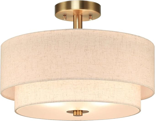 XiNBEi Lighting 16inch Semi Flush Mount Ceiling Light, 3-Light Brass Double Drum Light Fixture with Linen Shade Close to Ceiling Lamp for Bedroom Living Room Kitchen XB-SF1289-BS