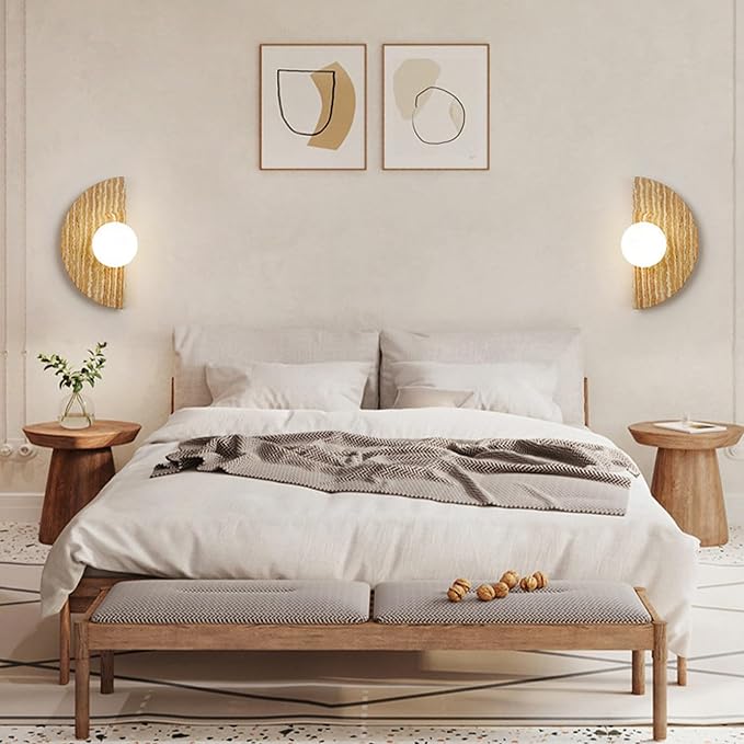 Japanese Style Wabi-Sabi Art Lighting Fixture, Half Moon Semi Circle Yellow Travertine Wall Lamp with Glass Shade, Nordic Modern Marble Wall Sconce for Bedroom Living Room Hallway Entryway