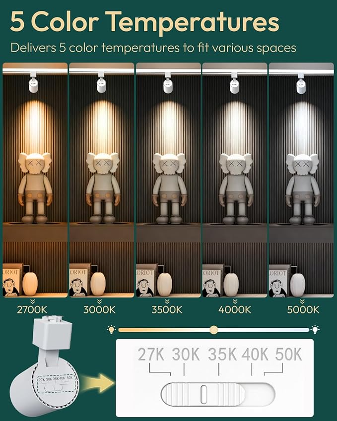 ALAMPEVER 6 Pack LED Track Lighting Heads, Dimmable J Type LED Track Lights with 5 Selectable Color Temperatures, 2700K/3000K/3500K/4000K/5000K, 10W, 800LM, 36°, Ideal for Home Commercial Use, White - Aura Lighting