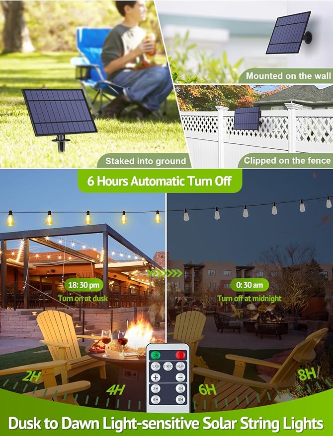 144FT(3x48FT) Solar Outdoor String Lights with Remote & Timer, Waterproof Dimmable Patio Lights with 54+3 ST38 LED Bulbs for Porch Party-Black