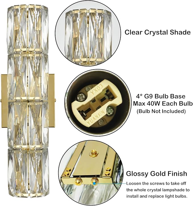 SAMTEEN Gold Wall Sconce Modern Crystal Sconces Wall Lighting 4-Light Bathroom Wall Mount Light Crystal Vanity Light Fixture for Bedroom Hallway Living Room - Aura Lighting