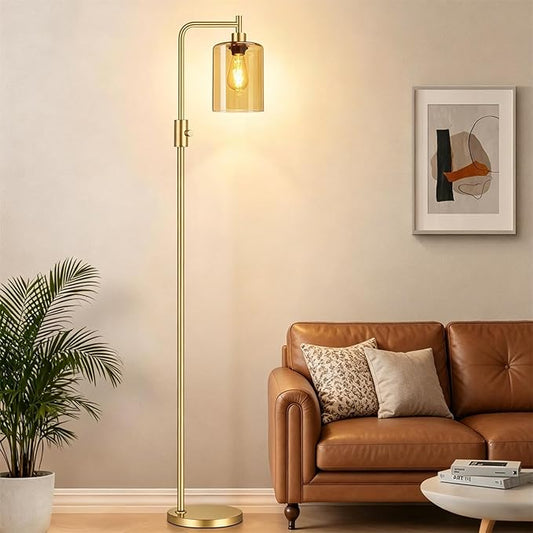 【Upgraded】Gold Dimmable Floor Lamp for Living Room with Amber Glass Lampshade, Glass Modern Floor Lamp with 900LM Bulb Included, Bright Standing Tall Lamp for Bedroom, Office, Reading Room, Corner