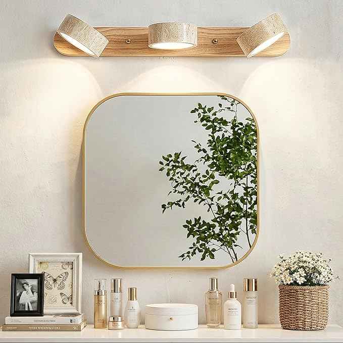 Travertine Vanity Light, 300° Swivel Japandi Ash Wood LED Wall Sconce, Natural Stone Mirror Lighting Fixtures, 20" 3-Light Modern Rustic Wall Lamp for Bathroom & Bedroom (110V)