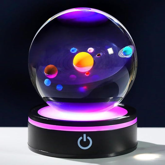 YWHL 3D Solar System Model Crystal Ball 80mm with Light Base, Planet Lamp Model Sphere Decor Space Astronomy Universe Gifts for Women Men Space Globe Physics Teacher Science Astronomy Enthusiast