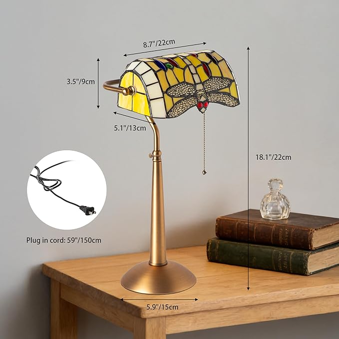 Tiffany Style Dragonfly Bankers Lamp - 18.1" Tall Stained Glass Desk Light with Adjustable Angle & Pull Chain, Vintage Handcrafted Accent Décor for Home Office Bedroom（Yellow）