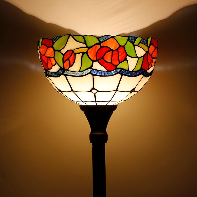 Tiffany Torchiere Floor Lamp Stained Glass Rose Flower Style Standing Corner Torch Uplight 12X12X72 Inch for Bedroom Living Room Home Office