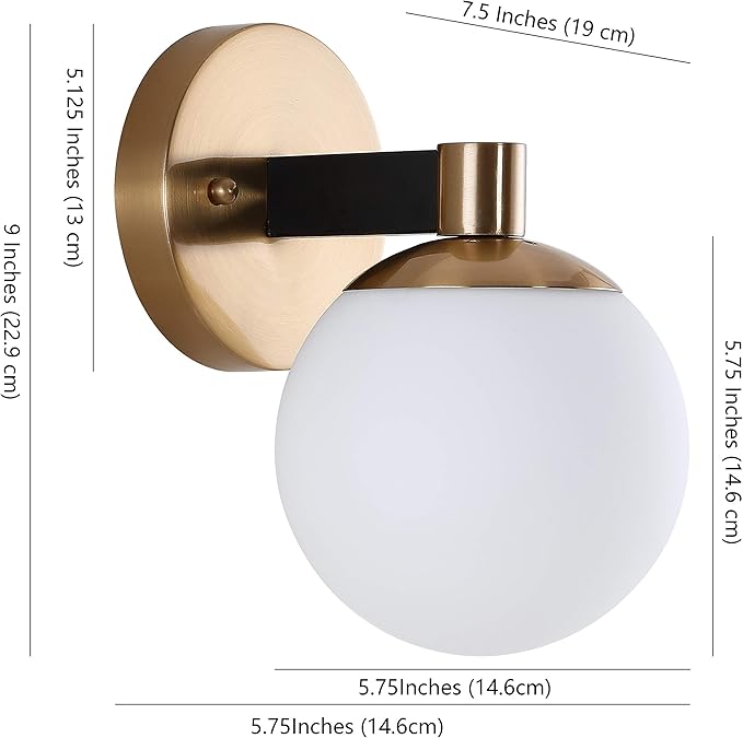 JONATHAN Y 5.75" Brass Gold/Black Modern Globe LED Vanity Wall Sconce Light, White Frosted Glass Shade, Mid-Century Art Deco Wall Lamp for Bathroom, Kitchen, Hallway JYL3540A