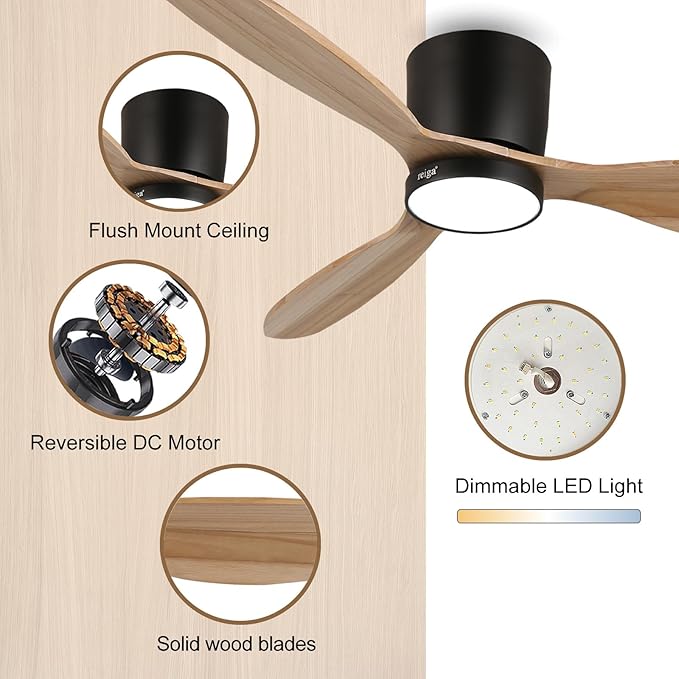 reiga 52" Natural Wood Ceiling Fan with Light and Remote, 3 Blade Flush Mount Low Profile Ceiling Fan for Bedrooom Living Room, Quiet DC Motor - Aura Lighting