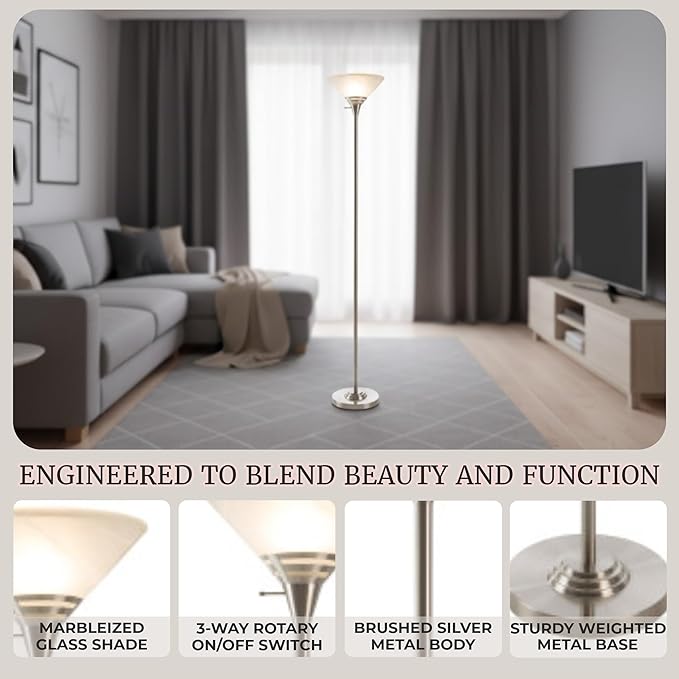 Torchiere Floor Lamp - Standing Bedroom Light with Sturdy Metal Base and Marbleized Glass Shade - LED Bulb Included by Lavish Home (Brushed Silver)