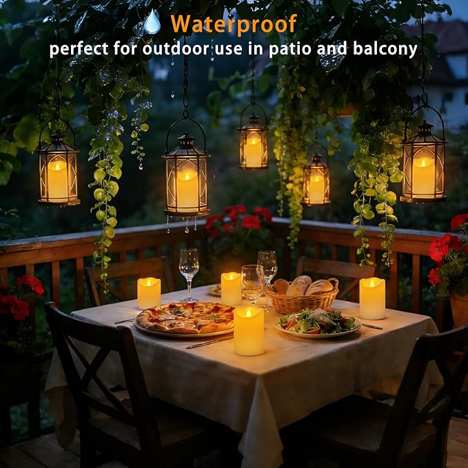 Outdoor Flameless Candles, Patented 3D Dual-LED, Set of 2 Slanted Plastic Pillars with Remote, Waterproof Non-Melting Battery Operated Decor for Bathroom Bedroom Gift, Ivory (D3 x H6)