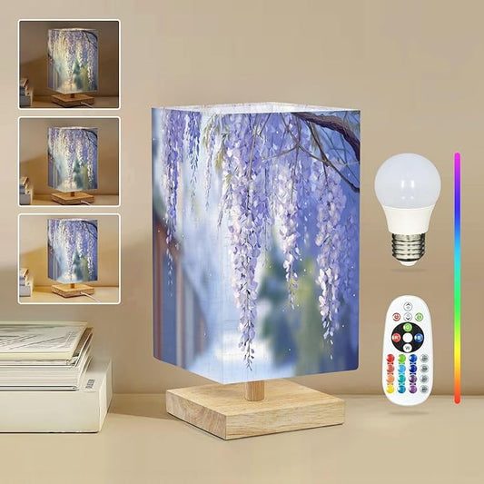 Square Table Lamp for Bedroom Hanging Wisteria Flowers Serene Street Soft Pastel Beside Lamps Desk lamp with Wood Base Nightstand Lamps for Nursery Living Room Home Decor