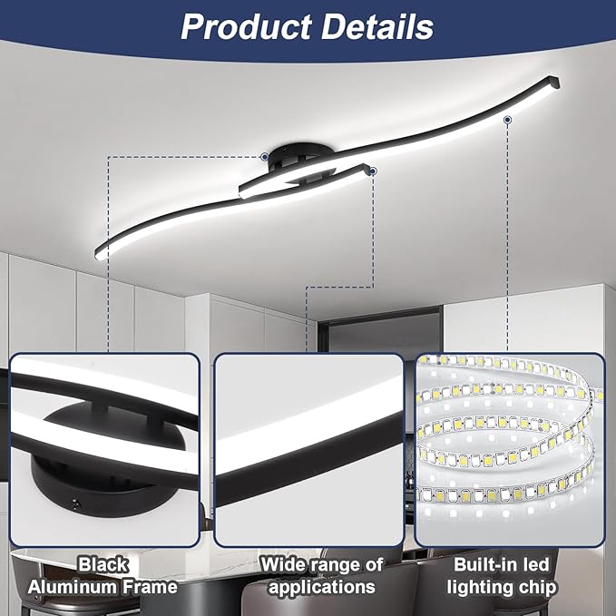 39.37Inch Linear Ceiling Light 6000K Black Modern Ceiling Light Fixture 28W Long Flush Mount Ceiling Lamp for Hallway, Kitchen, Bedroom, Dining Room - Aura Lighting