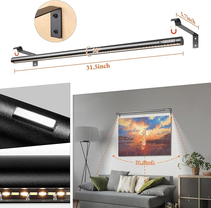 Wireless Picture Light, Battery Operated LED Painting Lights with Remote Control, Dimmable, Timer for Art Frame (Black-31.5inch)
