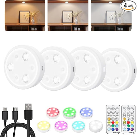 HOLKPOILOT Puck Lights with Remote, 2000mAh Battery Operated Rechargeable Under Cabinet Lighting, 3 Color Temps & 7 RGB Colors, Magnetic Closet Light, White Wireless Puck Light for Kitchen, Shelf