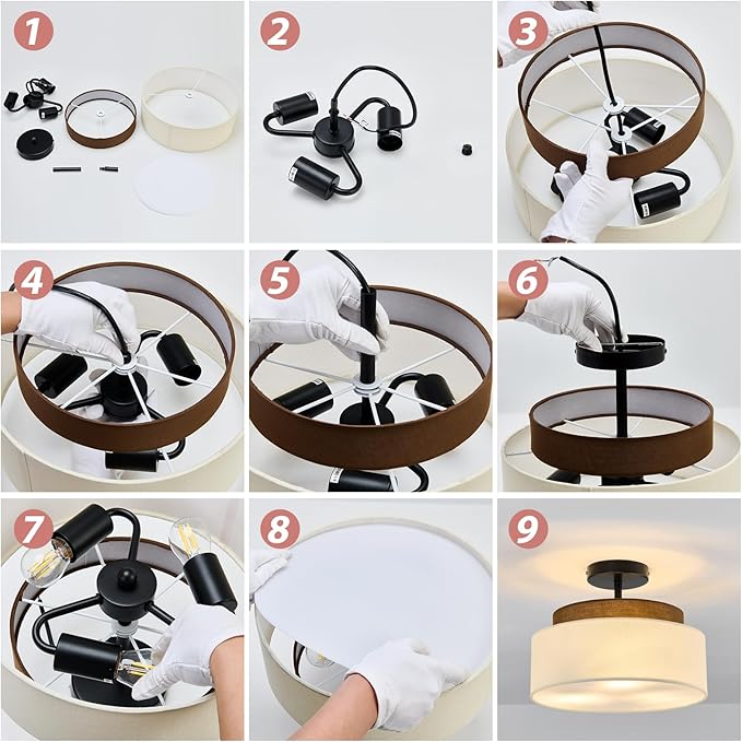 13" Double Drum 3-Light Semi Flush Mount Ceiling Light Fixture Farmhouse Fabric Chandelier with Linen Shade Rustic Black Ceiling Lamp for Bedroom Kitchen Dining Room Hallway Entryway - Aura Lighting