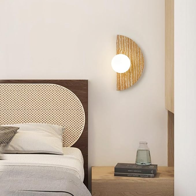 Japanese Style Wabi-Sabi Art Lighting Fixture, Half Moon Semi Circle Yellow Travertine Wall Lamp with Glass Shade, Nordic Modern Marble Wall Sconce for Bedroom Living Room Hallway Entryway